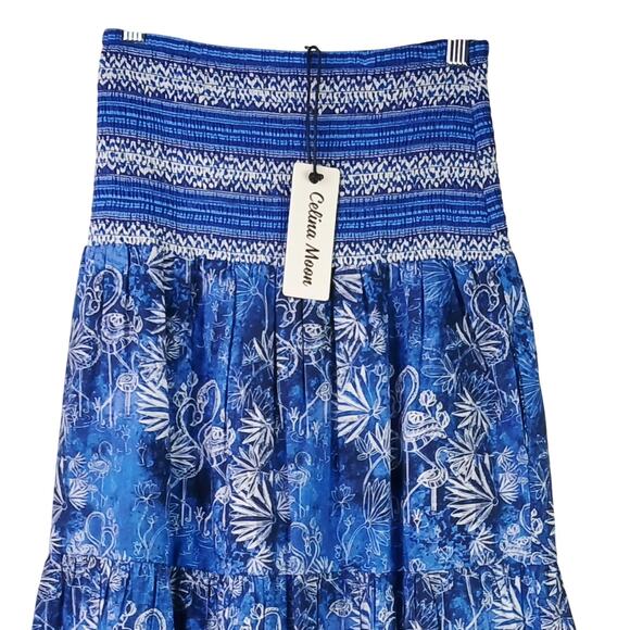 Celina Moon SZ S 100% Cotton Smocked Waist Maxi Skirt Blue Flamingo Print NWT - Picture 4 of 6